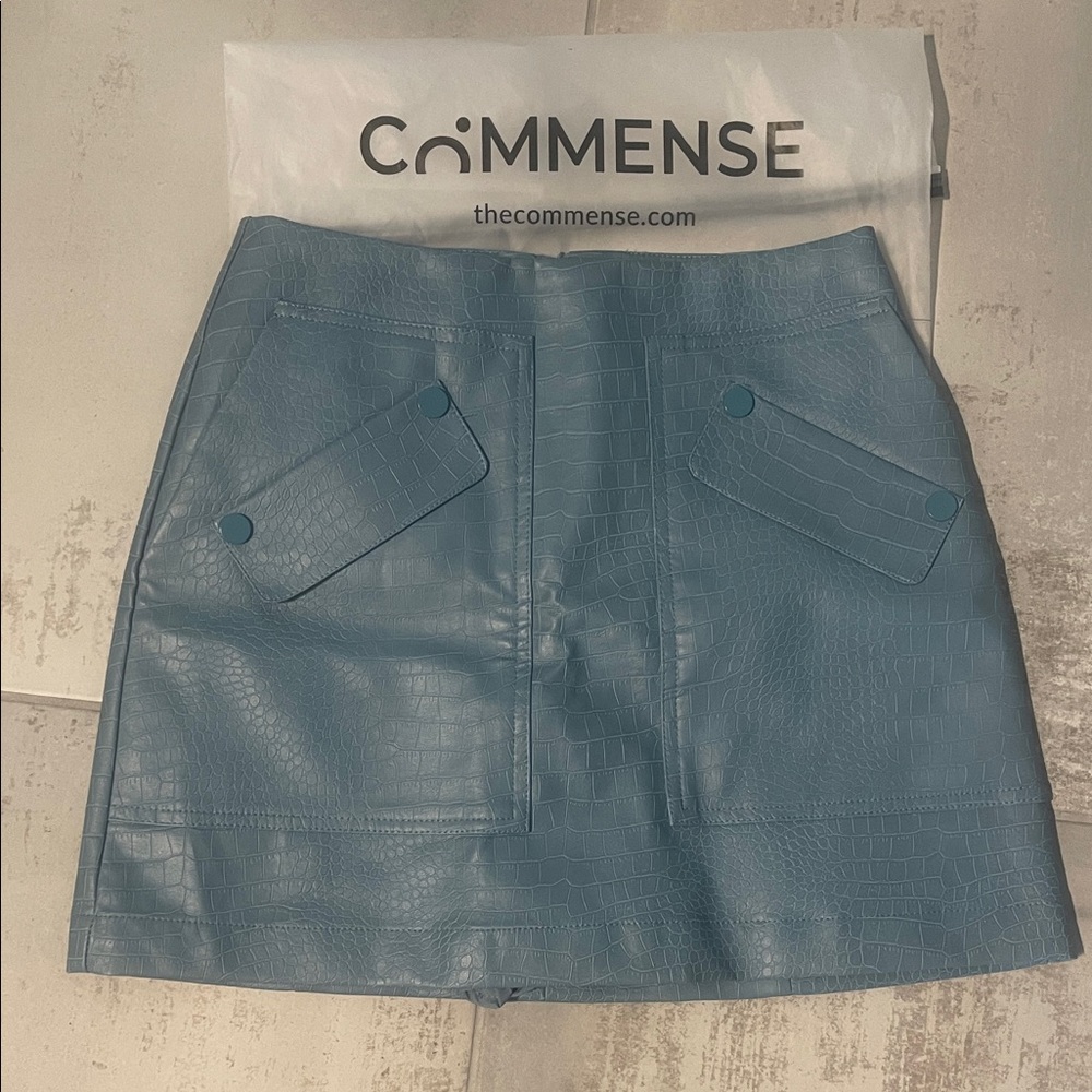 Commense Faux Leather Croc Embossed Textured Blue Mini Skort